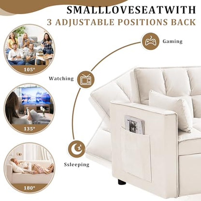 55" Pull Out Sleeper Sofa, Velvet Loveseat with Side Pockets, White | Velvet upholstery, 5-level adjustable back, Pull-out bed design, Sturdy frame with side pockets - color: White