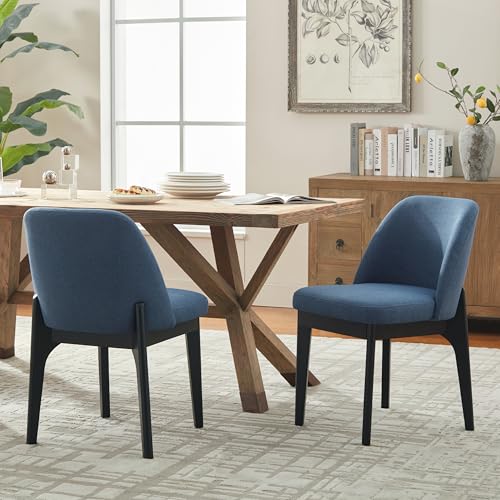 VKNOW Upholstered Wood Dining Chairs Set of 2 with Modern Fabric, Blue | Modern Dining Room Chairs with Wood Legs and Padded Seats, Kitchen Chairs for Restaurant, Living Room, No Wobble - color: Blue-black Leg, size: 2 PCS