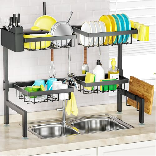 SNSLXH 4 Baskets 2-Tier Over The Sink Dish Drying Rack, 26.57"-35" | Large Dish Drying Rack for Kitchen, Extensible and Adjustable, Saving Kitchen Space - size: Large 2 tiers 4 baskets