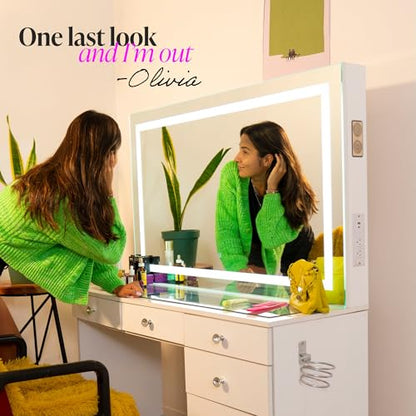 Boahaus Luna Vanity Desk with LED Lighted Mirror – 7 Drawer Integrated Makeup Station - color: White