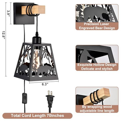 Plug in Wall Lamp,Bear Matte Black Metal 1 Pack Farmhouse Rustic Wall Sconces with Wood Arm,E26 Base Industrial Light for Bedroom,Bedside,Living Room,Indoor,Hallway,Bathroom,Porch,Stairway - color: Bear-Black