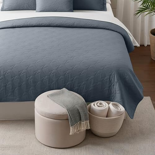 Clara Clark Quilts Twin Size - All Season Bedspread Coverlet Set, Pinsonic Weave Lightweight Bedding Set - 5 Piece Twin Quilt Set with Pillow Shams, Steel Blue - Twin Grid - color: 22 – Slate Blue – Grid, size: Twin