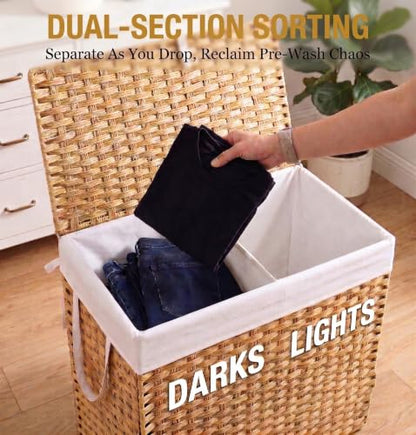 NEWBULIG 110L Extra Large Divided Laundry Hamper with Lid, 2 Section Collapsible Dirty Clothes Basket, Dual Removable Liner Bags for Bedroom, Bathroom, Closet and Dorm Room Organization Goose Yellow - color: Goose Yellow