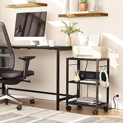 MAHANCRIS Industrial Printer Cart, 3-Tier Mobile Printer Stand, Rolling Cart with Power Outlets and USB Ports, Home Printer Stand with 2 Hooks, for Office, Living Room, Black PTHB40E01 - color: Black