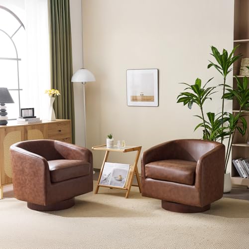 VINGLI 360°Swivel Accent Chairs Set of 2 with Engineered Wood Base and Removable Cushion for Living Room, Bedroom, Curved Back Barrel Chairs for Small Space, Upholstered Bucket Armchairs, Pu-Brown - color: Pu-brown