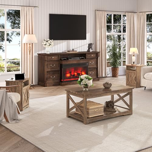 3 Piece Living Room Table Set with Barn Door, Barnwood | Includes Coffee Table and 2 End Tables, Charging Station &USB Ports, Rustic Farmhouse Style, Living Room Furniture Set - color: Barnwood