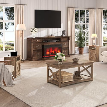 3 Piece Living Room Table Set with Barn Door, Barnwood | Includes Coffee Table and 2 End Tables, Charging Station &USB Ports, Rustic Farmhouse Style, Living Room Furniture Set - color: Barnwood