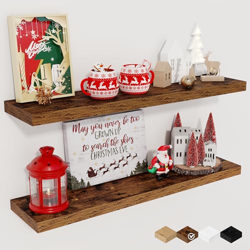 Fun Memories Floating Shelves for Wall, 27.5" Rustic Wood Deep Wall Mounted Shelves with Invisible Brackets for Decor & Storage, Floating Shelf for Living Room, Bathroom (Rustic Brown, Set of 2) - color: Rustic Brown, size: 27.5"W x 6.5"D, 2Packs
