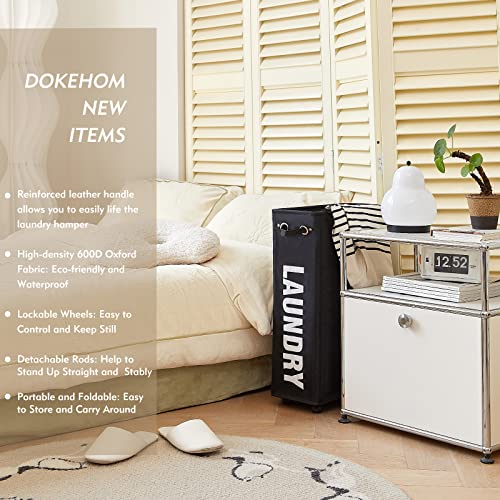 DOKEHOM 25" Slim Rolling Laundry Basket Hamper, Narrow on Wheels, Black | Collapsible narrow laundry hamper with mesh drawstring closure. Foldable corner clothes storage bin for small spaces - color: Black/M, size: Slim Plus 25"