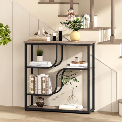 HOOBRO 29.5" Console Table, 5-Tier Narrow Entryway Table, Behind Couch Table with Storage Shelves, Sofa Table for Hallway, Living Rooms, Entryway, Greige and Black BG69XG01 - color: Greige + Black