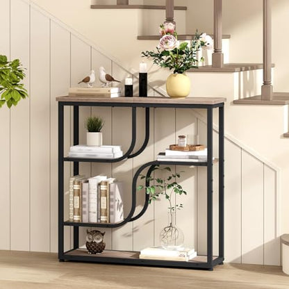 HOOBRO 29.5" Console Table, 5-Tier Narrow Entryway Table, Behind Couch Table with Storage Shelves, Sofa Table for Hallway, Living Rooms, Entryway, Greige and Black BG69XG01 - color: Greige + Black