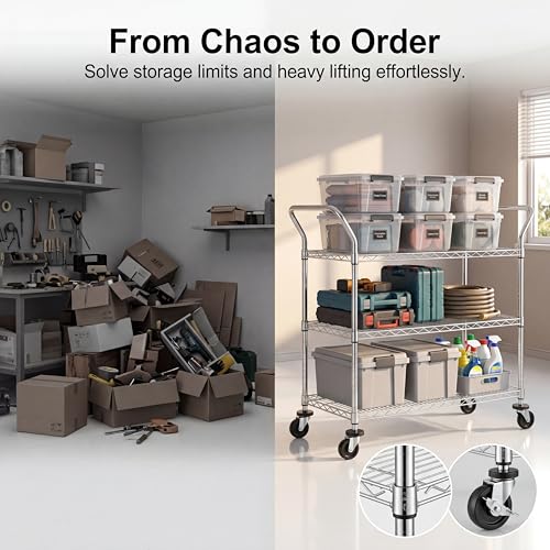 Finnhomy 3-Tier Commercial Grade Rolling Cart, Heavy Duty Utility Cart with Wheels and Handles, Metal Kitchen Carts on Wheels with 600 lbs Capacity, Shelf Size 24" D x 40" W, NSF - size: 24"D x 46.8"W x 39.7"H