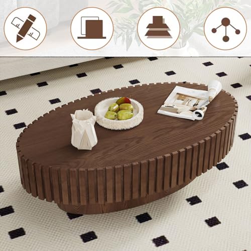 Oval Fluted Drum Coffee Table with Pedestal Base | 43.3'' Modern Brown Wooden Drum Center Table, Handcrafted Solid Wood Fluted Edge, For Living Room & Apartment - color: Oval Brown