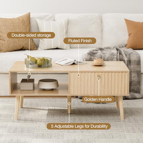 LCRBOL Coffee Table with Fluted Drawer, Modern, Oak | 39.3"W x 19.7"D x 17.1"H, 1 fluted drawer & open shelf, golden handle, 5 legs, ~45 min assembly - color: Oak(lsj011-n)