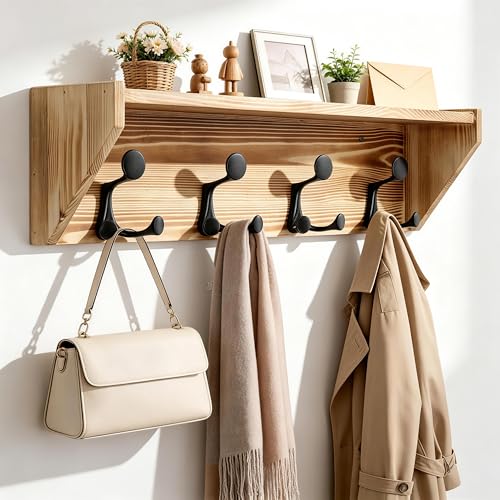 SKOLOO Wall Shelf with Hooks, 24-Inch Coat Rack Wall Mount with Shelf Organizer - Heavy Duty, 4 Tri Hooks - Perfect for Entryway, Hallway, Living Room, Bedroom, Mudroom, Wood Brown & Black - color: Wood Brown, size: 24 inch with 4 hooks