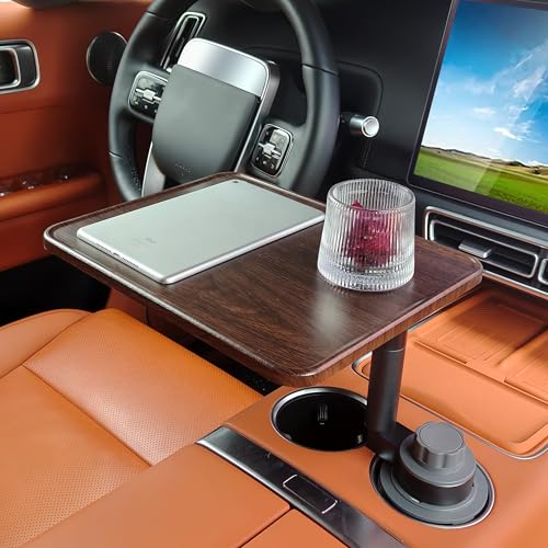 Car Desk for Laptop,360° Rotating Cup Holder Table，Wood Car Tray, Car Table & Car Food Tray，Steering Wheel Tray， Car Accessories for Women & Men. Compatible with Tesla Model Y/3/S, Ford F150& Most