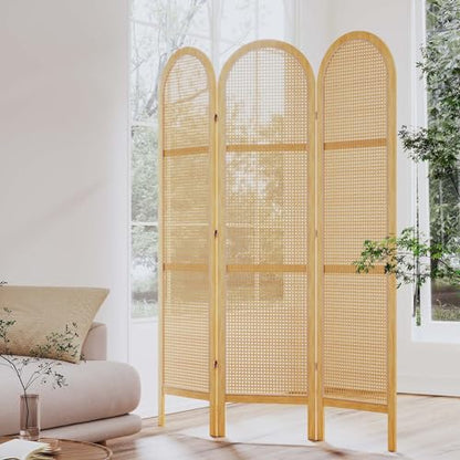 Svimi Room Dividers and Folding Privacy Screens, Pine Wood 5.6 Ft Double Hinged Rattan Partition Freestanding Wall Room Divider for Home - 3 Panels (Natural) - color: Natural