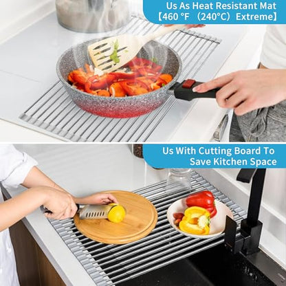 Expandable Roll-UP Dish Drying Rack-Large 304 Stainless Steel Dish Drainer Over The Sink for Kitchen Countertop,Extendable & Rollable & Food Grade (Silver,22.08'x 13.2') - color: Silver, size: Large Expandable