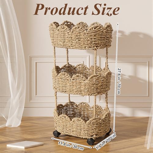 AceOrbit 3-Tier Scalloped Seagrass Rolling Cart Oval Seagrass Scalloped Storage Basket with Wheels for Nursery Caddy Utility Cart Storage Organization for Craft Bathroom Laundry Living Room