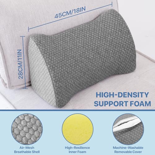 Lumbar Support Pillow Memory Foam Breathable Support for Office Chair, Car Seat, Sofa, Bed - Relieves Back, Spine, Neck Pain for Ergonomic Comfort Gray 18 * 11 * 7.5in