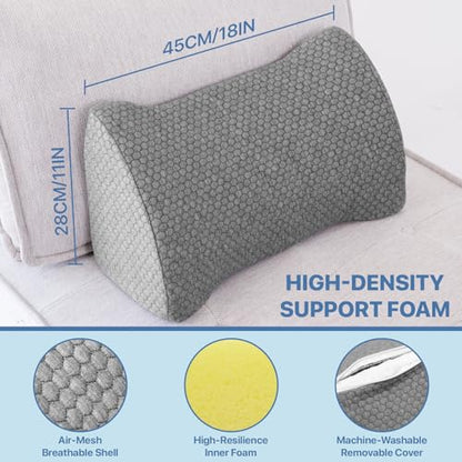 Lumbar Support Pillow Memory Foam Breathable Support for Office Chair, Car Seat, Sofa, Bed - Relieves Back, Spine, Neck Pain for Ergonomic Comfort Gray 18 * 11 * 7.5in