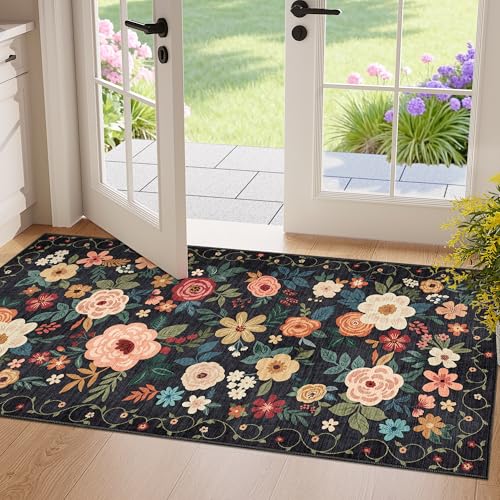 DUKINO 2x4 Entryway Rug, Floral Washable Kitchen Rugs Non Slip, Black | Low Pile, Soft Indoor Runner Rug for Hallway, Bedroom, Bathroom, Laundry, Pet Friendly, Modern Home Decor, Stain Resistant - color: Black, size: 2' x 4' (Rectangular)