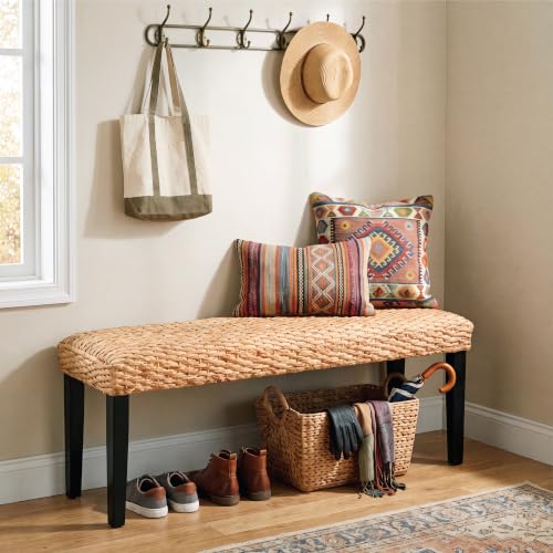Solid Wood Acacia Indoor Bench, Water Hyacinth Seat, Black Leg, Plait Style | Natural Woven Seat, Boho Entryway, Farmhouse Modern Style, Multi-Room Use - color: Plait - Black Leg & Water Hyacinth
