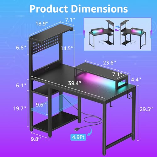 40 inch Small Gaming Desk with Pegboard Shelves Computer Desks with Led Lights Power Outlets PC Monitor Stand Reversible Storage Shelf Table for Bedroom Small Space, Black