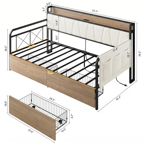 LIKIMIO Twin Daybed, Day Bed Frame with 2 Storage Drawers, Charging Station | Sofa Daybed with Boucle Upholstered Headboard, Storage Shelf & Bag, Strong Supports for Bedroom and Guest Room, Cream