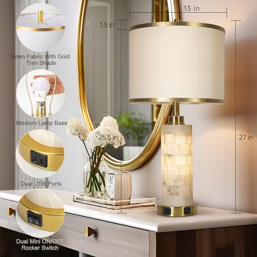 KIVDITZO 27" Alabaster Table Lamps Set of 2 for Living Room Bedroom | Bedside Lamps with Night Light, Nightstand Lamp with USB A+C Ports, Modern Table Lamp with Linen Shade, Bulbs Included - color: White