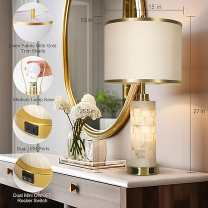 KIVDITZO 27" Alabaster Table Lamps Set of 2 for Living Room Bedroom | Bedside Lamps with Night Light, Nightstand Lamp with USB A+C Ports, Modern Table Lamp with Linen Shade, Bulbs Included - color: White