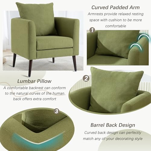 Barrel Accent Chair with Back Pillow, Large Upholstered Armchair with Solid Wood Legs Modern Reading Chairs for Living Room Bedroom - color: Barrel Olive Green, size: Set of 1
