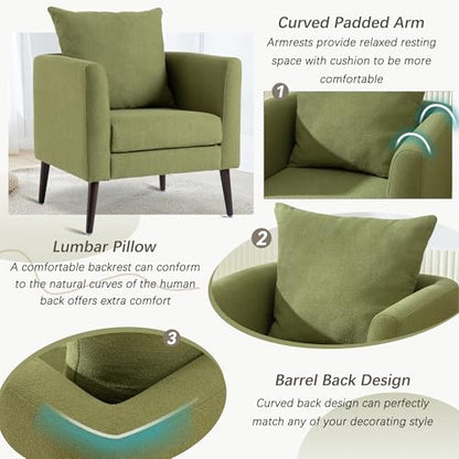Barrel Accent Chair with Back Pillow, Large Upholstered Armchair with Solid Wood Legs Modern Reading Chairs for Living Room Bedroom - color: Barrel Olive Green, size: Set of 1