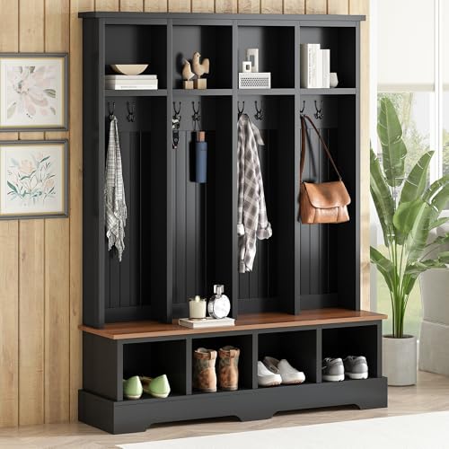 Merax Farmhouse Hall Tree with Bench and Shoe Storage, 59" Entryway Bench with Coat Rack, 3-in-1 Hall Tree with Top Compartments and 8 Hooks for Hallway, Living Room, Black - color: Black