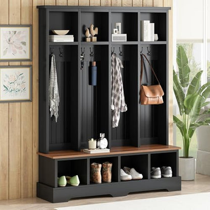 Merax Farmhouse Hall Tree with Bench and Shoe Storage, 59" Entryway Bench with Coat Rack, 3-in-1 Hall Tree with Top Compartments and 8 Hooks for Hallway, Living Room, Black - color: Black