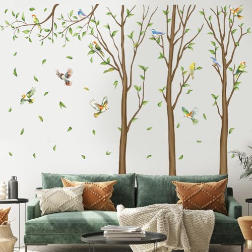 Family Tree Wall Sticker Green Leaf Birds Wall Art Decor Large Tree Branch Wall Decal Peel and Stick Woodland Animals Wall Sticker for Bedroom - color: Tree