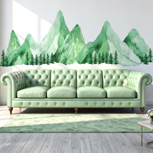 Green Watercolor Mountain Wall Decals Peel and Stick – Scenic Forest Range Mural Pine Trees, Boho Nature Landscape Vinyl Sticker for Bedroom, Nursery, Living Room – Removable DIY Wall Decor Art - color: Teal Green