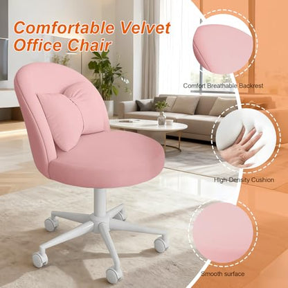 Desk Chair with Soft Cushion, Adjustable Height Armless Office Chair Upholstered Makeup Vanity Chair, Swivel Accent Chair for Living Room, Bedroom, Study, Home Office - color: Solid Pink