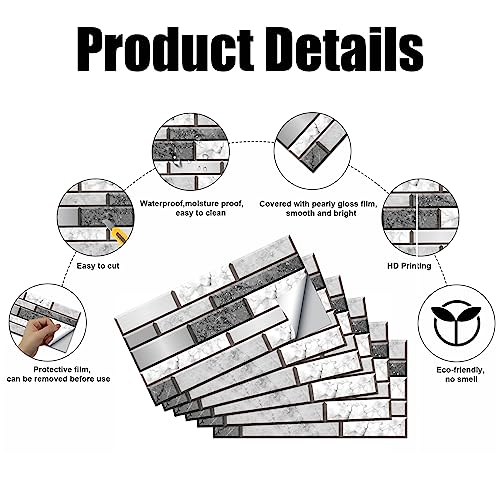 12-Sheet Peel and Stick Wallpaper, Subway Tile 6''x12'' Self Adhesive Wall Tiles Waterproof PVC Stick on Backsplash Vinyl Decorative Tiles Stickers for Kitchen Bathroom - color: Gray-white