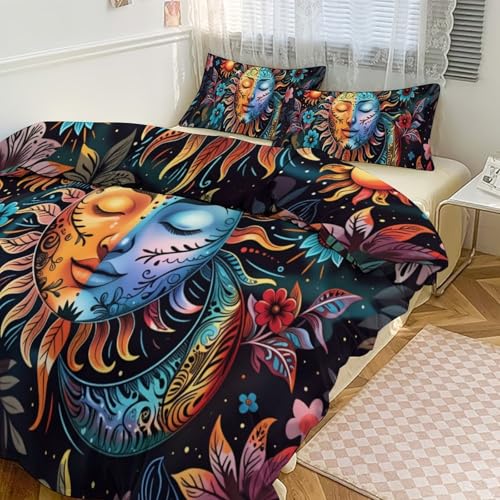 Boho Sun and Moon 3 Piece Reversible Bedding Set 79"x90",Double Sided Brushed Microfiber Duvet Cover Set with 2 Pillowcases Soft Breathable Comforter Cover for Home - color: Boho Sun and Moon, size: 79"x90"