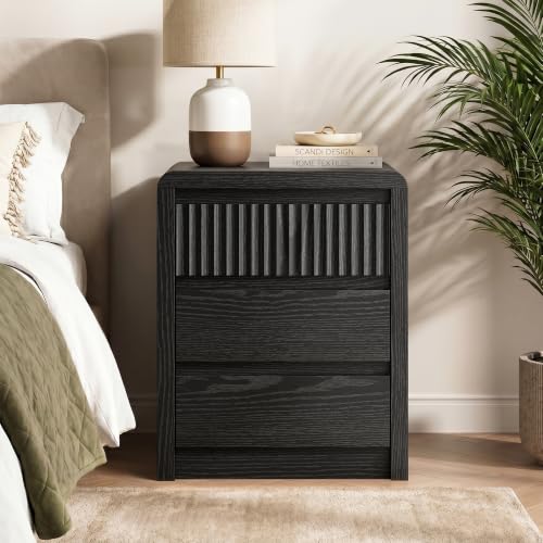 LYNSOM Fluted Nightstand Set of 2, Wood End Table with 3 Drawer, Black | Mid Century Modern Night Stand with Stoarge, Bedside Table with Curved Profile Design for Living Room, Office, 20" W - color: Black, size: 3 Drawers