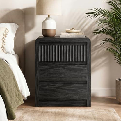 LYNSOM Fluted Nightstand Set of 2, Wood End Table with 3 Drawer, Black | Mid Century Modern Night Stand with Stoarge, Bedside Table with Curved Profile Design for Living Room, Office, 20" W - color: Black, size: 3 Drawers