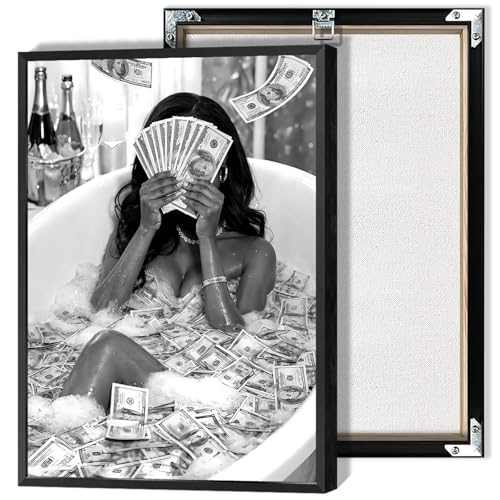 Trendy Black And White Posters Aesthetic Feminism Canvas Wall Art Woman Soaking In A Bathtub Of Us Dollars Prints Painting For Bedroom Apartment Bathroom Wall Decor 16x24in Framed - color: style 03, size: 16"L x 24"W, style: Framed