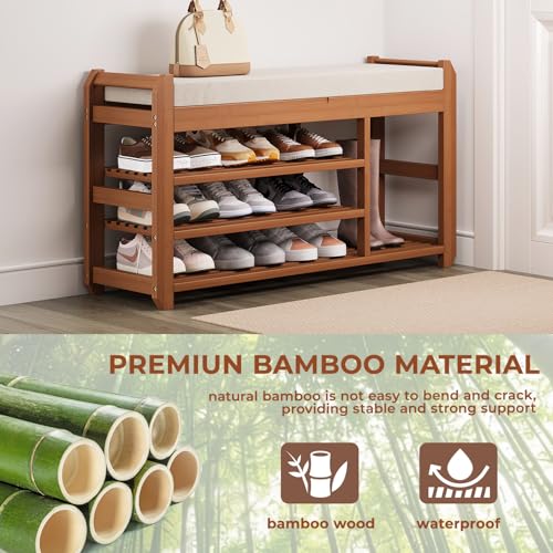 39.4" Bamboo Shoe Bench with Cushion, 6 Hooks Coat Rack, 3-Tier Adjustable Storage Bench for Entryway, Heavy Duty Shoe Rack Organizer with Removable Soft Cushion for Living Room Bedroom Hallway - size: 39.4"