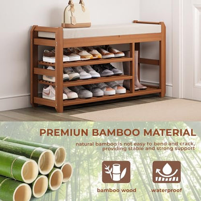 39.4" Bamboo Shoe Bench with Cushion, 6 Hooks Coat Rack, 3-Tier Adjustable Storage Bench for Entryway, Heavy Duty Shoe Rack Organizer with Removable Soft Cushion for Living Room Bedroom Hallway - size: 39.4"