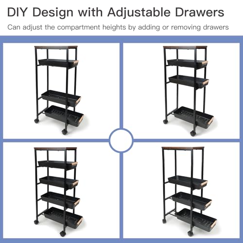 5 Tier Narrow Slim Rolling Cart Wood Top Storage Cart Black | 5 tier narrow rolling cart slides into 8 inch gaps, while solid wood top provides durable storage over plastic surfaces - color: Black
