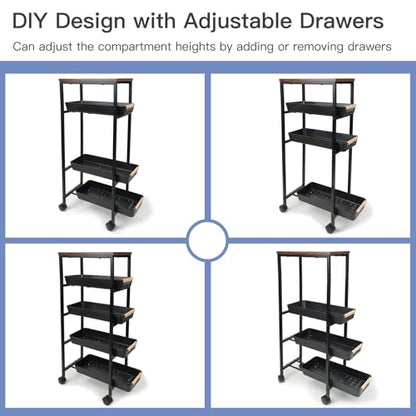 5 Tier Narrow Slim Rolling Cart Wood Top Storage Cart Black | 5 tier narrow rolling cart slides into 8 inch gaps, while solid wood top provides durable storage over plastic surfaces - color: Black