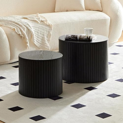Round Nesting Coffee Table Set of 2, Wood Side Tables with Storage | Fluted Walnut Accent and End Tables Sets, Mid Century Modern, Living room, bedroom, office, small spaces, Black - color: Black With Storage