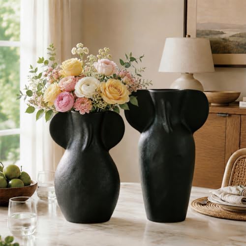 Modern Ceramic Body Vase Set of 2, Two Size Abstract Sculptural Flower Vases for Home Decor, Minimalist Nordic Decorative Vase for Living Room, Bedroom, Table and Shelf Decor- Black - color: Black
