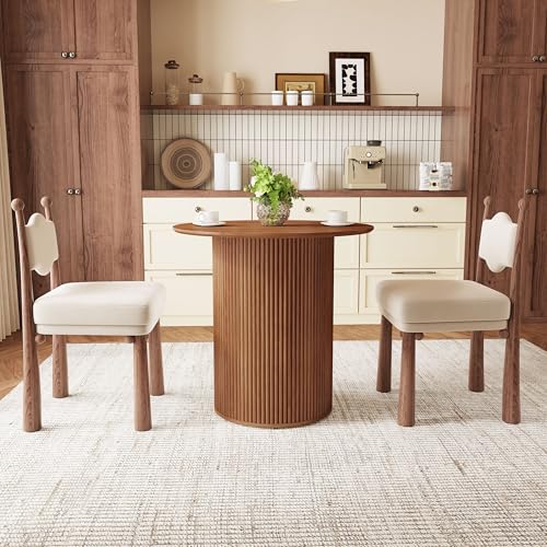 31.5" Round Dining Table for 2 People, Small Kitchen Dinner Table with Fluted Wood Base, Farmhouse Circle Dining Tables for Home, Kitchen, Dining Room, Living Room (Walnut) - color: Walnut